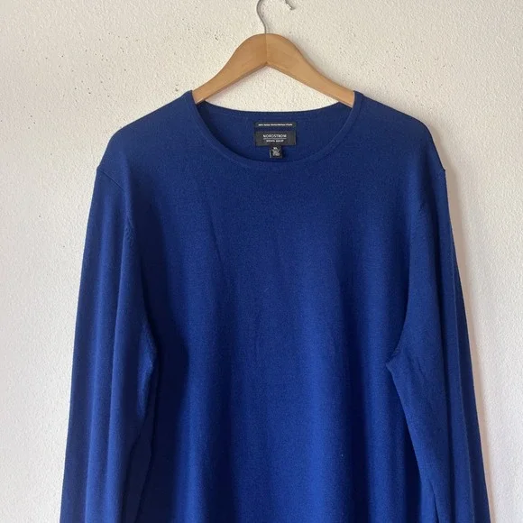Nordstrom Men's Merino Wool  Blue Crew Neck Pullover Sweater XL Preppy Luxury - Picture 3 of 11